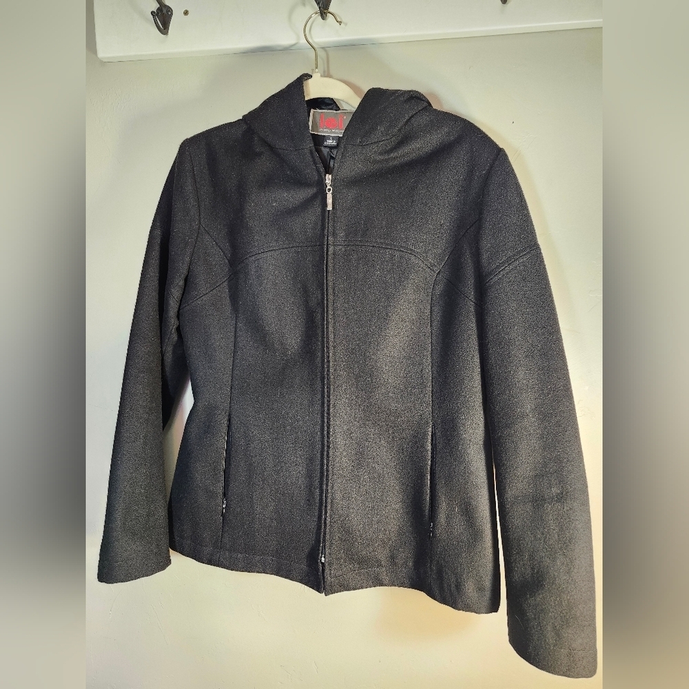 l.e.i. Life Energy Intellegence Vintage Black Wool Zip-Up Hooded Jacket Sz L
